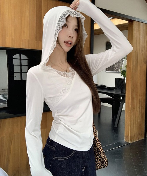 MEMECLE(メメクル)の「【 MEMECLE / メメクル 】レース フード付き 長袖 Tシャツ(Tシャツ/カットソー・レディース・グレー/ホワイト・S/L/M)」の11枚目の写真