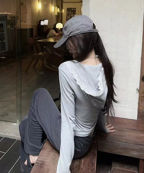 MEMECLE(メメクル)の「【 MEMECLE / メメクル 】レース フード付き 長袖 Tシャツ(Tシャツ/カットソー・レディース・グレー/ホワイト・S/L/M)」の13枚目の写真