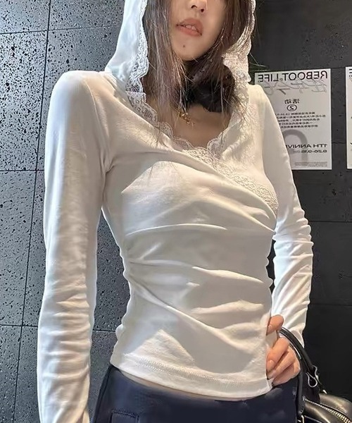 MEMECLE(メメクル)の「【 MEMECLE / メメクル 】レース フード付き 長袖 Tシャツ(Tシャツ/カットソー・レディース・グレー/ホワイト・S/L/M)」の14枚目の写真