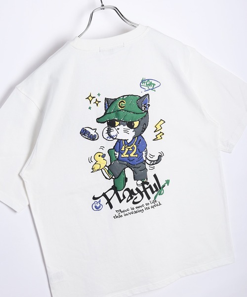 WESTSEA(ウエストシー)の「手書きイラスト 発泡プリント 半袖Tシャツ(猫・ガイコツ)(Tシャツ/カットソー・メンズ・オフホワイト/ブラック系その他/ホワイト系その他2/ブラック系その他3/ホワイト系その他/ホワイト系その他3/ブラック/ブラック系その他2・M/L)」の2枚目の写真