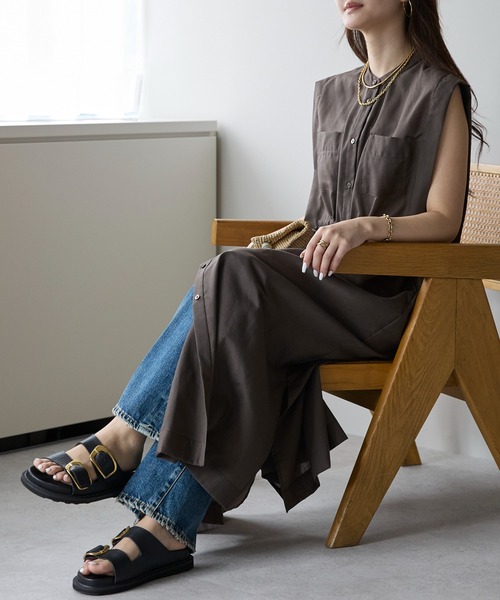 PREFERIR（プレフェリール）の「バンドカラー シャツ サイドリボン レイヤード ワンピース(M,L)ツーサイズ（シャツワンピース・レディース・ブラック/ブラウン/グリーン・MEDIUM/LARGE）」の11枚目の写真