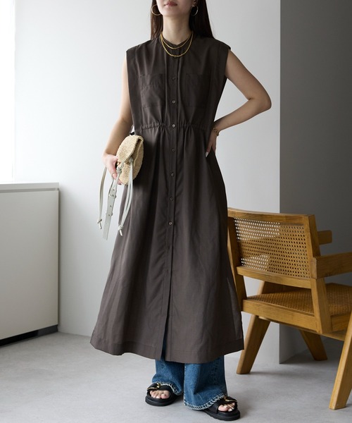 PREFERIR（プレフェリール）の「バンドカラー シャツ サイドリボン レイヤード ワンピース(M,L)ツーサイズ（シャツワンピース・レディース・ブラック/ブラウン/グリーン・MEDIUM/LARGE）」の12枚目の写真