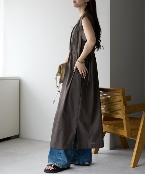 PREFERIR（プレフェリール）の「バンドカラー シャツ サイドリボン レイヤード ワンピース(M,L)ツーサイズ（シャツワンピース・レディース・ブラック/ブラウン/グリーン・MEDIUM/LARGE）」の13枚目の写真