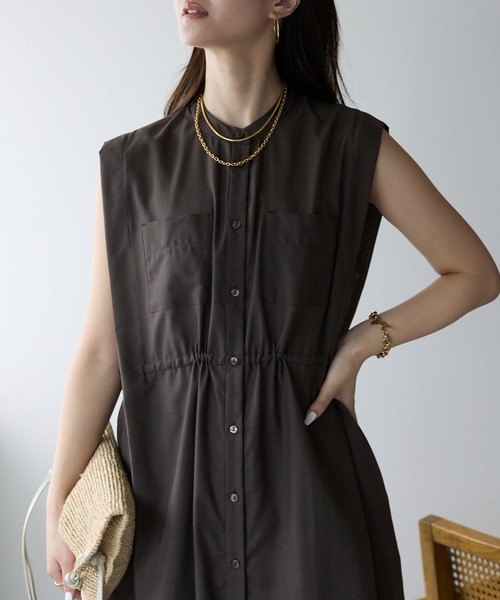 PREFERIR（プレフェリール）の「バンドカラー シャツ サイドリボン レイヤード ワンピース(M,L)ツーサイズ（シャツワンピース・レディース・ブラック/ブラウン/グリーン・MEDIUM/LARGE）」の15枚目の写真