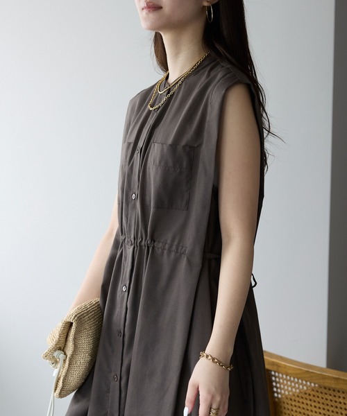 PREFERIR（プレフェリール）の「バンドカラー シャツ サイドリボン レイヤード ワンピース(M,L)ツーサイズ（シャツワンピース・レディース・ブラック/ブラウン/グリーン・MEDIUM/LARGE）」の17枚目の写真