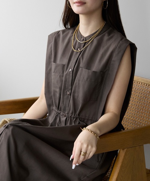 PREFERIR（プレフェリール）の「バンドカラー シャツ サイドリボン レイヤード ワンピース(M,L)ツーサイズ（シャツワンピース・レディース・ブラック/ブラウン/グリーン・MEDIUM/LARGE）」の5枚目の写真