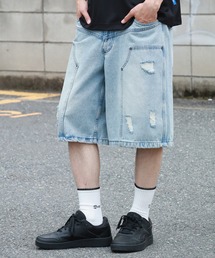【PLES MAKERS/プリーズメーカーズ】DOUBLE KNEE DAMAGE HALF PANTS / ダブルニー ダメージデニム　ハーフパンツ