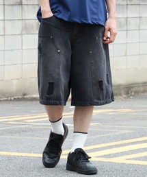【PLES MAKERS/プリーズメーカーズ】DOUBLE KNEE DAMAGE HALF PANTS / ダブルニー ダメージデニム ハーフパンツ