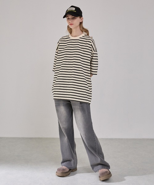 EMMA CLOTHES（エマクローズ）の「ヴィンテージライク オーバーサイズ ボーダー半袖Tシャツ（Tシャツ/カットソー・メンズ・ブラック/オフホワイト/レッド系・M/L）」の16枚目の写真