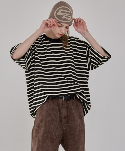 EMMA CLOTHES（エマクローズ）の「ヴィンテージライク オーバーサイズ ボーダー半袖Tシャツ（Tシャツ/カットソー・メンズ・ブラック/オフホワイト/レッド系・M/L）」の19枚目の写真