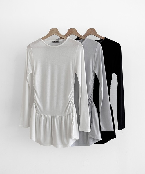 minsobi（ミンソビ）の「シャーリングセミフレアワンピース（ワンピース・レディース・ブラック/ライトグレー/ホワイト・FREE）」の4枚目の写真