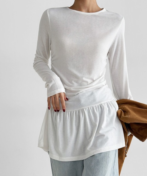 minsobi（ミンソビ）の「シャーリングセミフレアワンピース（ワンピース・レディース・ブラック/ライトグレー/ホワイト・FREE）」の5枚目の写真