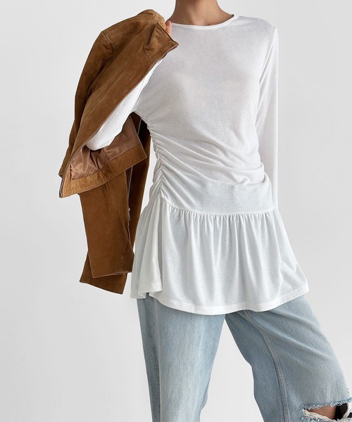 minsobi（ミンソビ）の「シャーリングセミフレアワンピース（ワンピース・レディース・ブラック/ライトグレー/ホワイト・FREE）」の7枚目の写真