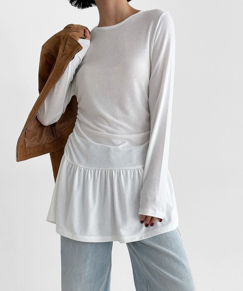 minsobi（ミンソビ）の「シャーリングセミフレアワンピース（ワンピース・レディース・ブラック/ライトグレー/ホワイト・FREE）」の6枚目の写真