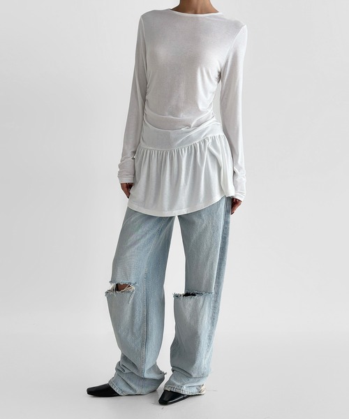 minsobi（ミンソビ）の「シャーリングセミフレアワンピース（ワンピース・レディース・ブラック/ライトグレー/ホワイト・FREE）」の8枚目の写真