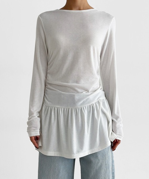 minsobi（ミンソビ）の「シャーリングセミフレアワンピース（ワンピース・レディース・ブラック/ライトグレー/ホワイト・FREE）」の10枚目の写真