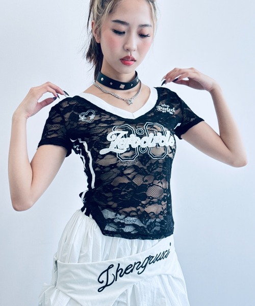 Coup de BEAUTE●レース＆ラインストーン付きTシャツ★ Coup de BEAUTE○レース＆ラインストーン付きTシャツ☆