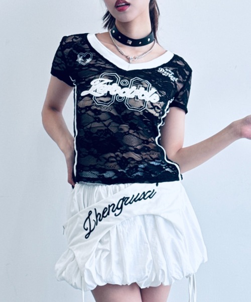 セール】【フェミスポ】ライン入りレースストレッチTシャツ（T
