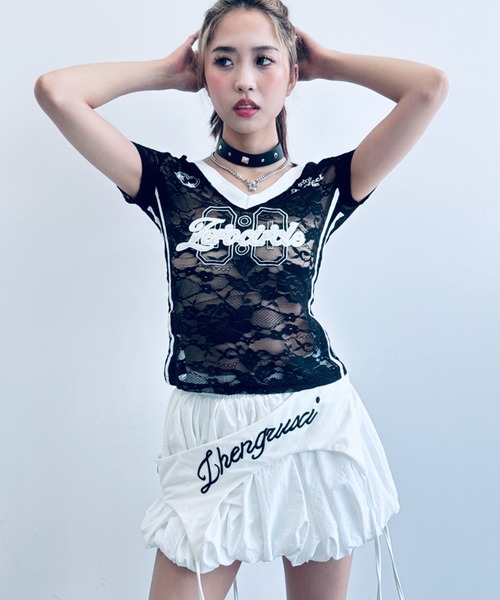 セール】【フェミスポ】ライン入りレースストレッチTシャツ（T