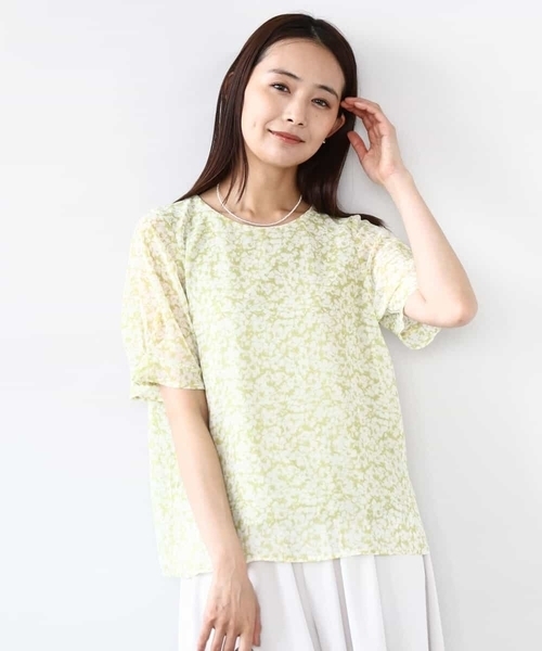 小花柄タックスリーブシフォンブラウス/洗える