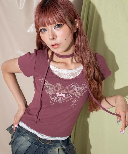 dispark(ディスパーク)の「DISPARK/チョーカー付きレースレイヤードピチT(Tシャツ/カットソー・レディース・ライトブラウン/レッド系その他・FREE)」の2枚目の写真