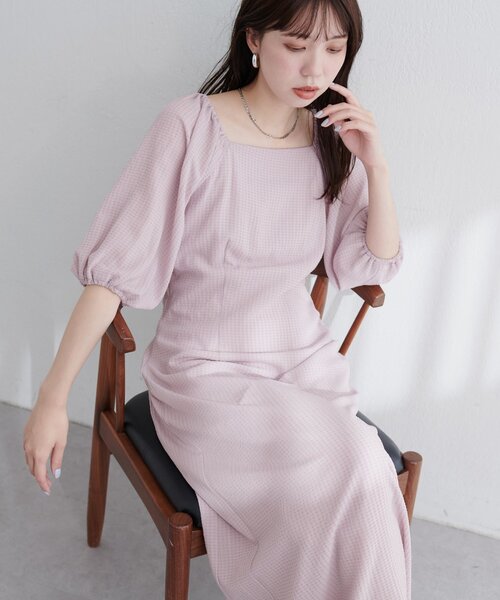 ako】ポコポコチェック袖ボリュームワンピース（ワンピース）｜natural