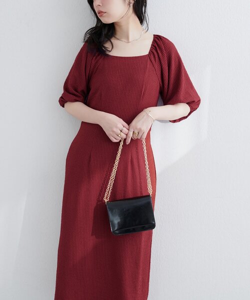 natural couture（ナチュラルクチュール）の「【ako】ポコポコチェック袖ボリュームワンピース（ワンピース・レディース・その他1/ピンク/グリーン/ボルドー/ブラック・FREE）」の4枚目の写真