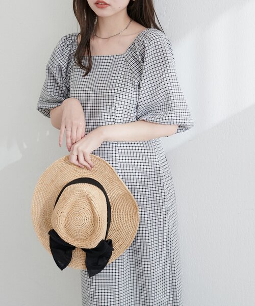 ako】ポコポコチェック袖ボリュームワンピース（ワンピース）｜natural