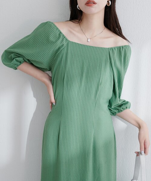 ako】ポコポコチェック袖ボリュームワンピース（ワンピース）｜natural