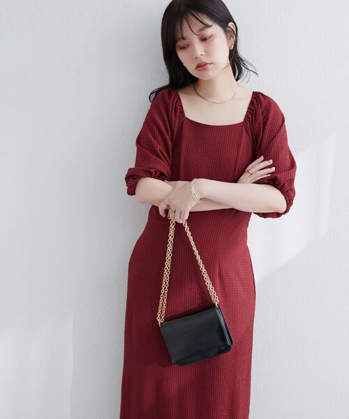 ako】ポコポコチェック袖ボリュームワンピース（ワンピース）｜natural