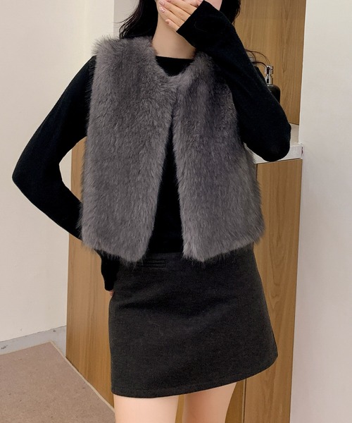 セール】ファーベスト ショート丈 ファー ジレ 秋 冬 エコファー