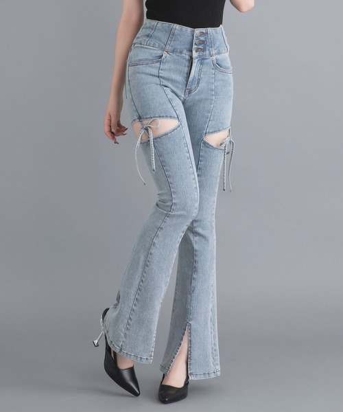 DearMyLoveRose(ディアマイラブローズ)の「スリット入りカットアウトリボンフレアデニムパンツ(デニムパンツ・レディース・グレイッシュブルー/ブルー/グレー・SMALL/MEDIUM)」の5枚目の写真