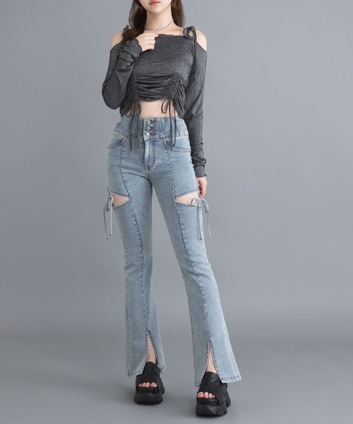 DearMyLoveRose(ディアマイラブローズ)の「スリット入りカットアウトリボンフレアデニムパンツ(デニムパンツ・レディース・グレイッシュブルー/ブルー/グレー・SMALL/MEDIUM)」の20枚目の写真