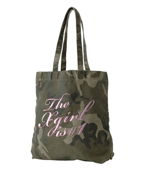 X-girl(エックスガール)の「THE X-GIRL IS NUMBER ONE TOTE BAG(トートバッグ・レディース・ブラック/カモフラージュ・ONE SIZE)」の3枚目の写真