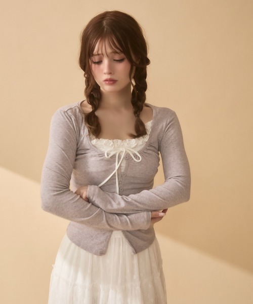 レイヤード風フリルギャザートップス（Tシャツ/カットソー