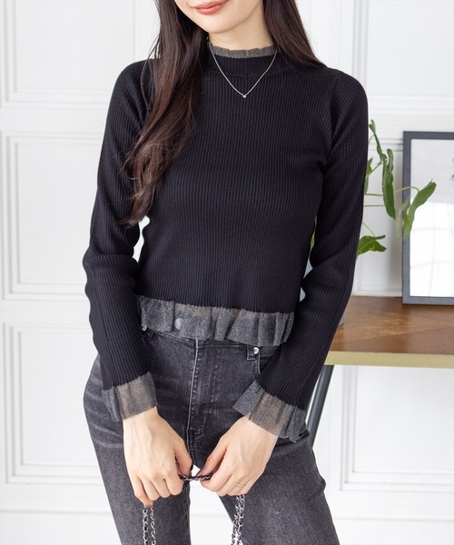 シアーフリルリブニットトップス［大人 カジュアル 着回し力抜群］≪AW