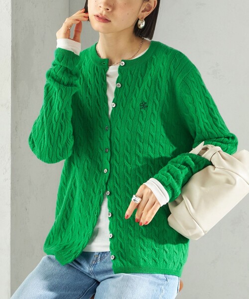 セール】カシミヤ 細 ケーブル クルーネック カーディガン