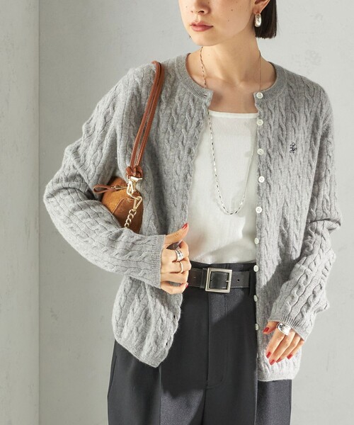 セール】カシミヤ 細 ケーブル クルーネック カーディガン