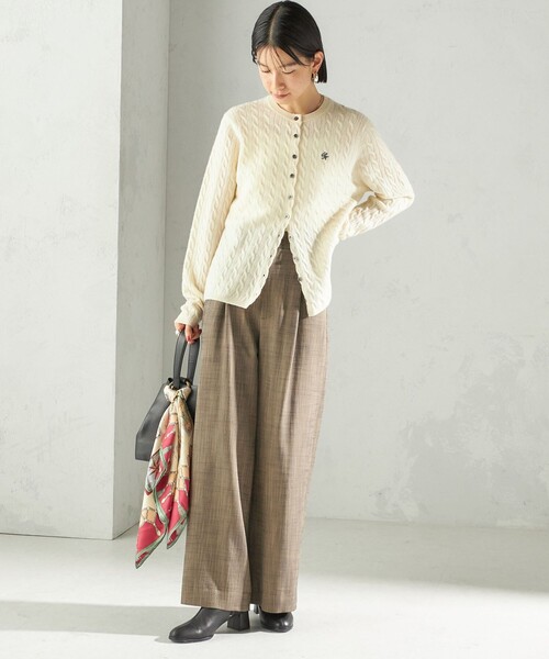 セール】カシミヤ 細 ケーブル クルーネック カーディガン
