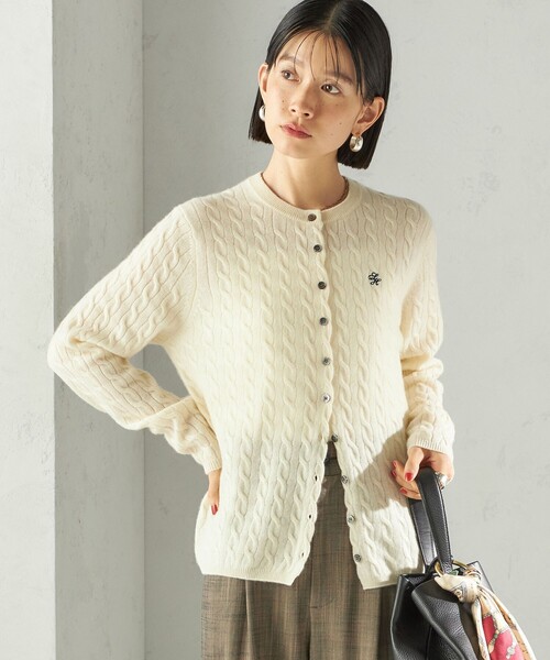 セール】カシミヤ 細 ケーブル クルーネック カーディガン