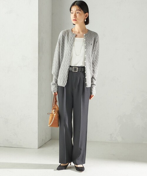 セール】カシミヤ 細 ケーブル クルーネック カーディガン