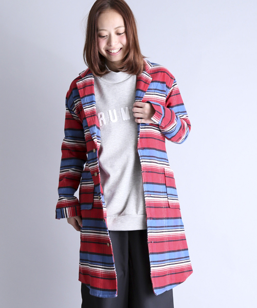 Denime(ドゥニーム)の「チェックヘビネルガウン(その他アウター・レディース・オレンジ/グリーン/レッド・FREE)」の1枚目の写真