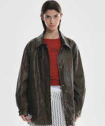 HIDDEN BUTTON MIDI LEATHER JACKET_BROWN