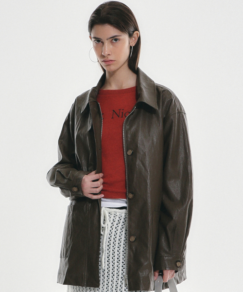 NICK&NICOLE（ニックアンドニコール）の「HIDDEN BUTTON MIDI LEATHER JACKET_BROWN（ライダースジャケット・レディース・その他・FREE）」の2枚目の写真