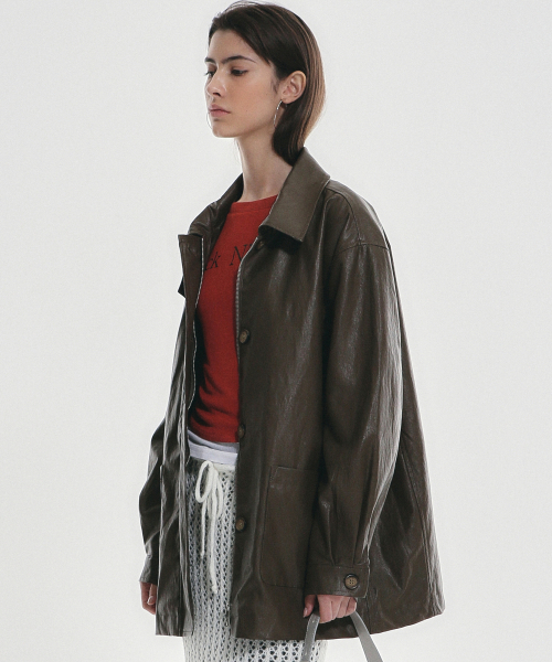 NICK&NICOLE（ニックアンドニコール）の「HIDDEN BUTTON MIDI LEATHER JACKET_BROWN（ライダースジャケット・レディース・その他・FREE）」の3枚目の写真