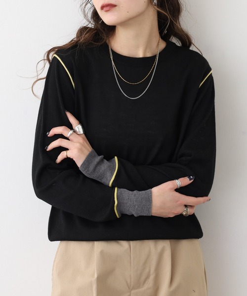 Anna Nicola(アンナニコラ)の「Anna Nicola シルク混配色ニット(ニット/セーター・レディース・モカ/ベージュ/ブラック・38)」の2枚目の写真
