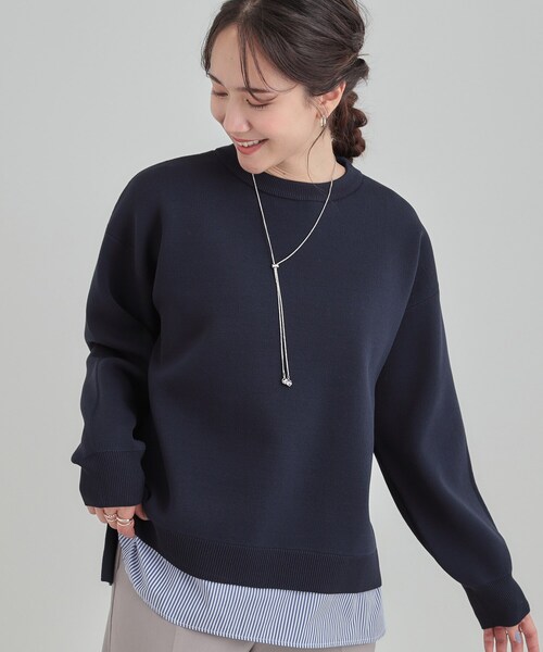 SHOO・LA・RUE（シューラルー）の「【洗濯機可/S-LL】さらに軽くなった スポンディッシュ裾フェイクトップス（ニット/セーター・レディース・ネイビー/イエロー/ピンク系/サックスブルー/パープル系4・01/04/02/03）」の2枚目の写真