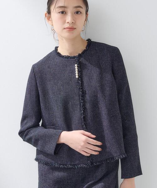 INDIVI（インディヴィ）の「【軽量／セレモニー／SETUP可能】ストレッチツイードジャケット（ノーカラージャケット・レディース・ホワイト系4/ベージュ系その他7/ネイビー系3・40/38/36/15 /13/05/19/12）」の3枚目の写真