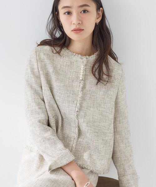 INDIVI（インディヴィ）の「【軽量／セレモニー／SETUP可能】ストレッチツイードジャケット（ノーカラージャケット・レディース・ホワイト系4/ベージュ系その他7/ネイビー系3・40/38/36/15 /13/05/19/12）」の8枚目の写真