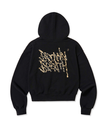 W LEOPARD TAG CROP HOODIE - BLACK